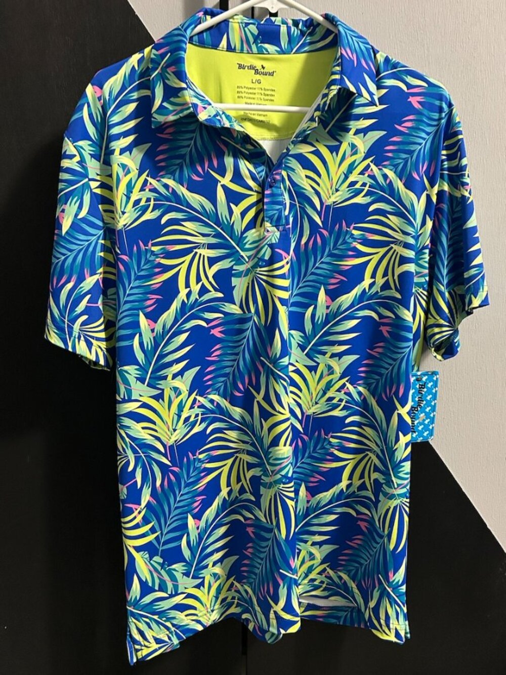 NWT Birdiebound Men's Blue Jungle/Tropical Print SS Golf Polo Size L